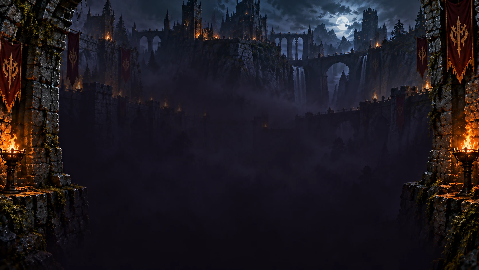 Torchlit stone halls overlooking a dark mountain fortress.
